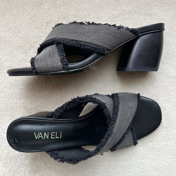 VANELi Baret Black Fringed Canvas Silver Small Studs Block Heel Sandal Women 6.5 - Picture 16 of 16